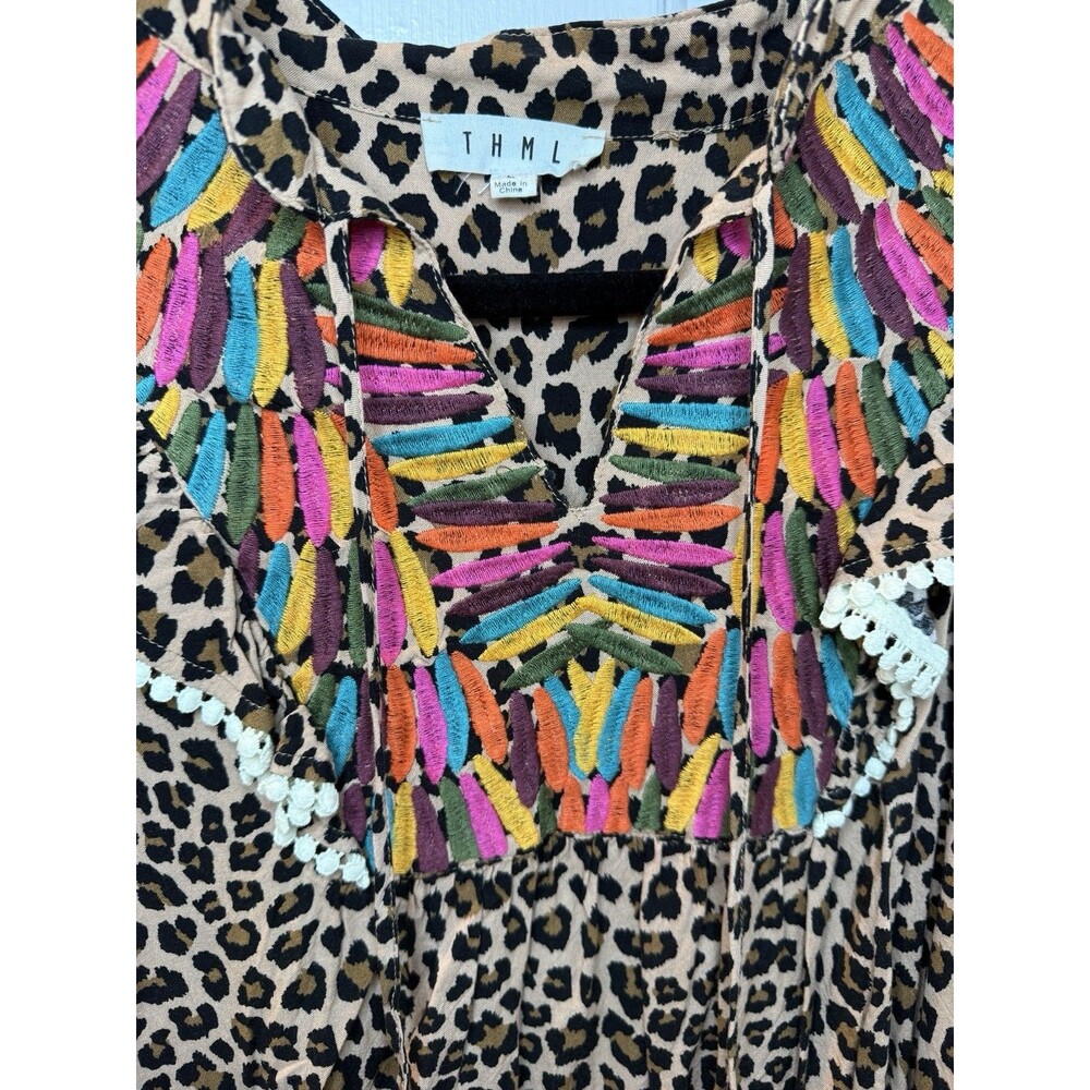 THML Leopard Print Embroidered Boho Top Women Large Tassel Flutter Sleeve - Picture 4 of 5